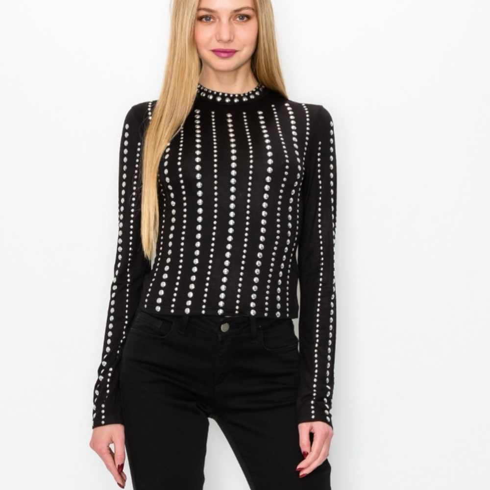 Black Studded Mock Neck LS Top